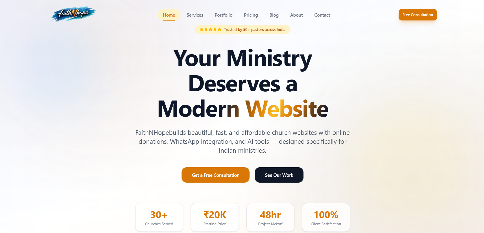 FaithNHope website presenting services for Christian and NGO organizations