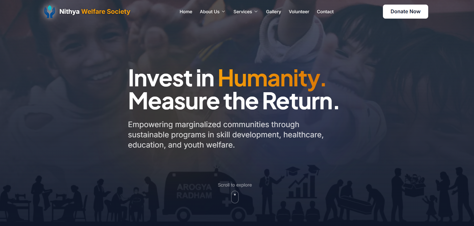 Nithya Welfare Society homepage introducing the organization and its work