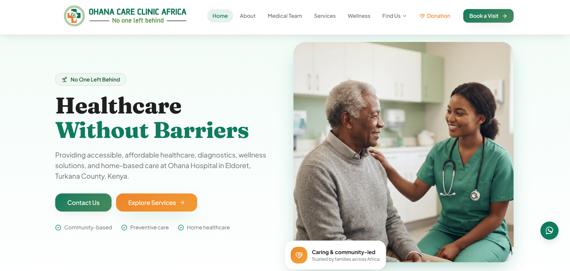 Ohana Care Clinic Africa homepage presenting services and clinic information